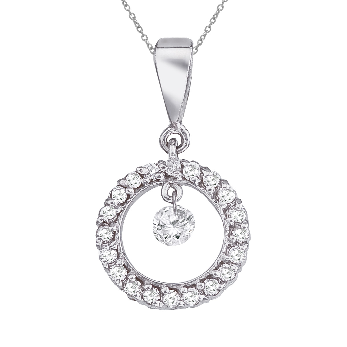 JCX2911: 14k gold Dashinng Diamonds pendant with 0.25 total ct diamonds. The center dangling diamond dances and shimmers with every heartbeat.