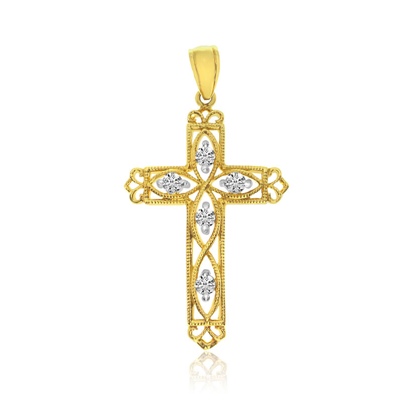 JCX2912: A beautifully designed filigree cross dazzling with .25 ct diamonds in 14k yellow gold.