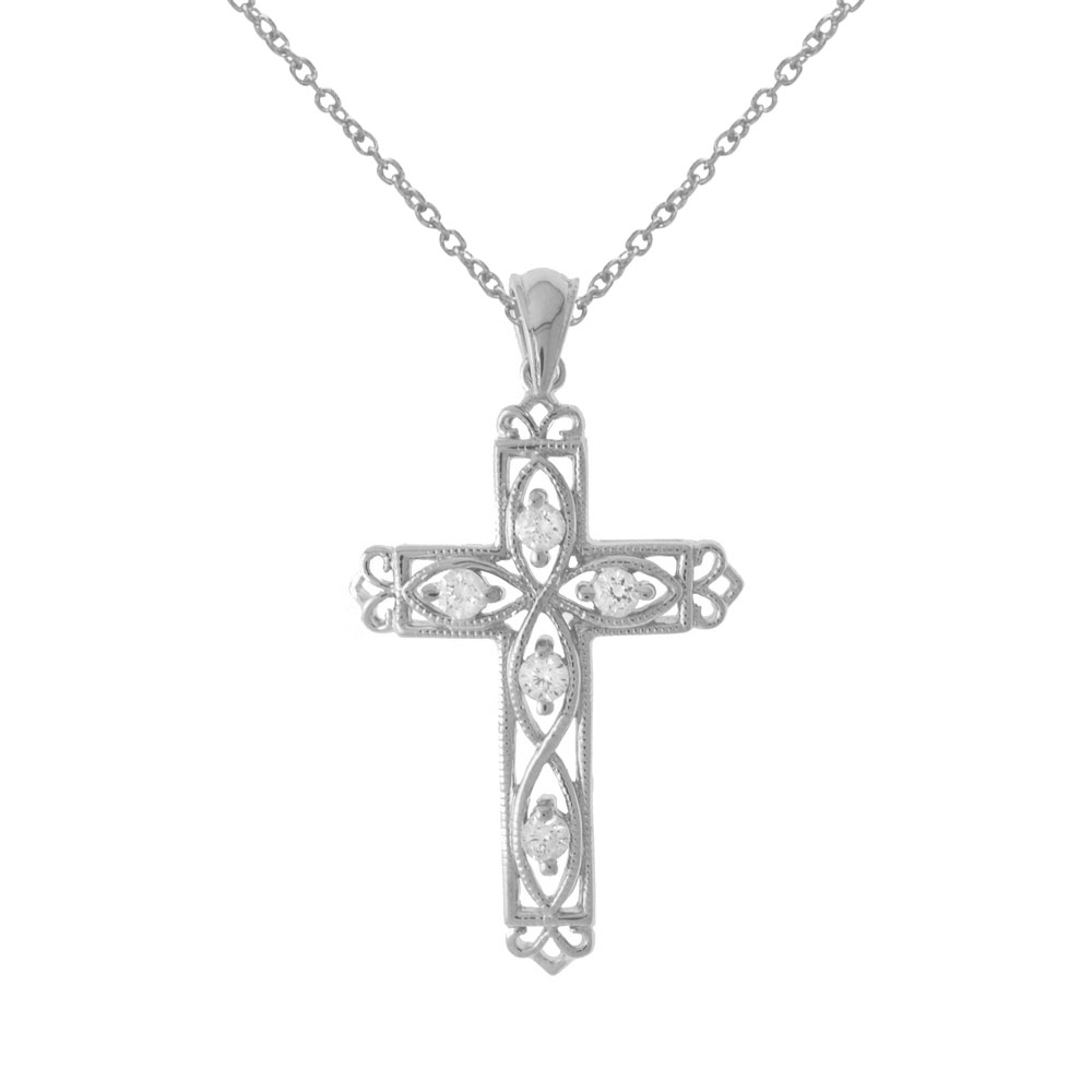 JCX2913: A beautifully designed filigree cross dazzling with .25 ct diamonds in 14k white gold.