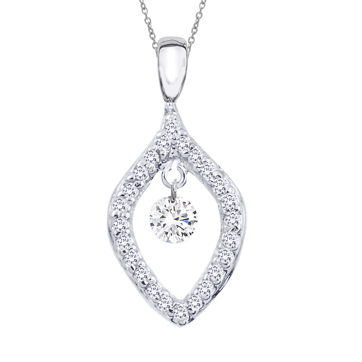 14k gold Dashinng Diamonds pendant with 0.17 total ct diamonds. The center dangling diamond dances and shimmers with every heartbeat.