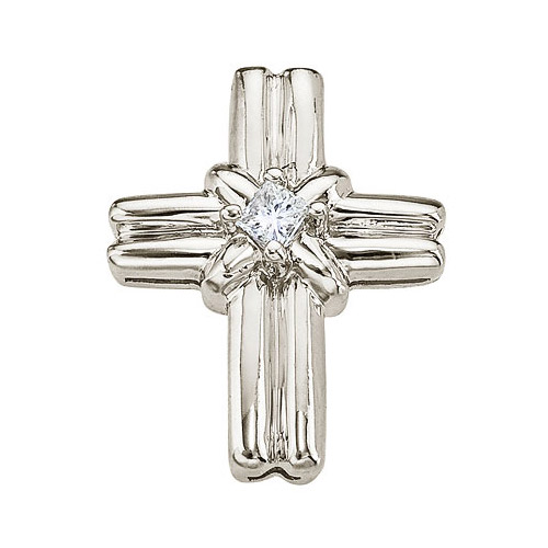 JCX2935: Wide 14k white gold cross with a dazzling princess cut center diamond.