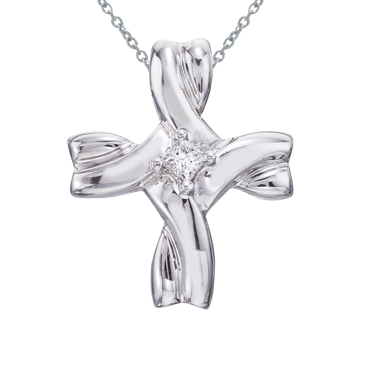 JCX2936: This 14k white gold diamond cross features a unique swirl design and .08 ct sparkling diamonds.