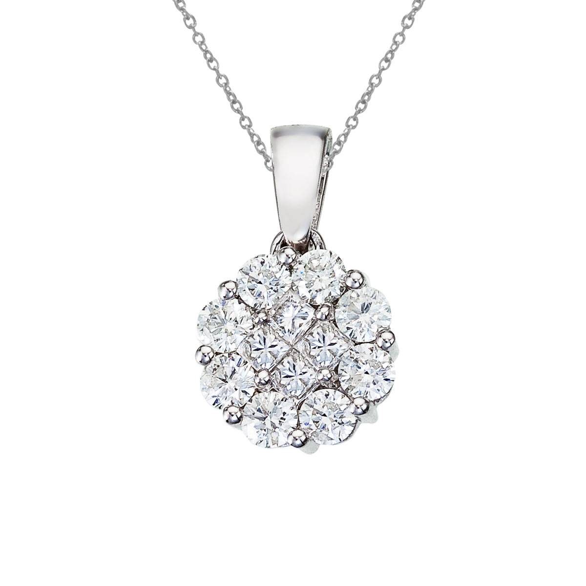 14k white gold Clustaire diamond pendant with a full carat of shimmering diamonds. Clustaires give the look of a traditional solitaire at a fraction of the cost.