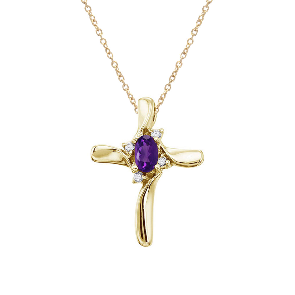 This diamond cross adds a dash of color to a traditional and elegent style with a bright 5x3 mm amethyst. The beautiful pendant is set in 14k yellow gold with .04 total ct diamonds.