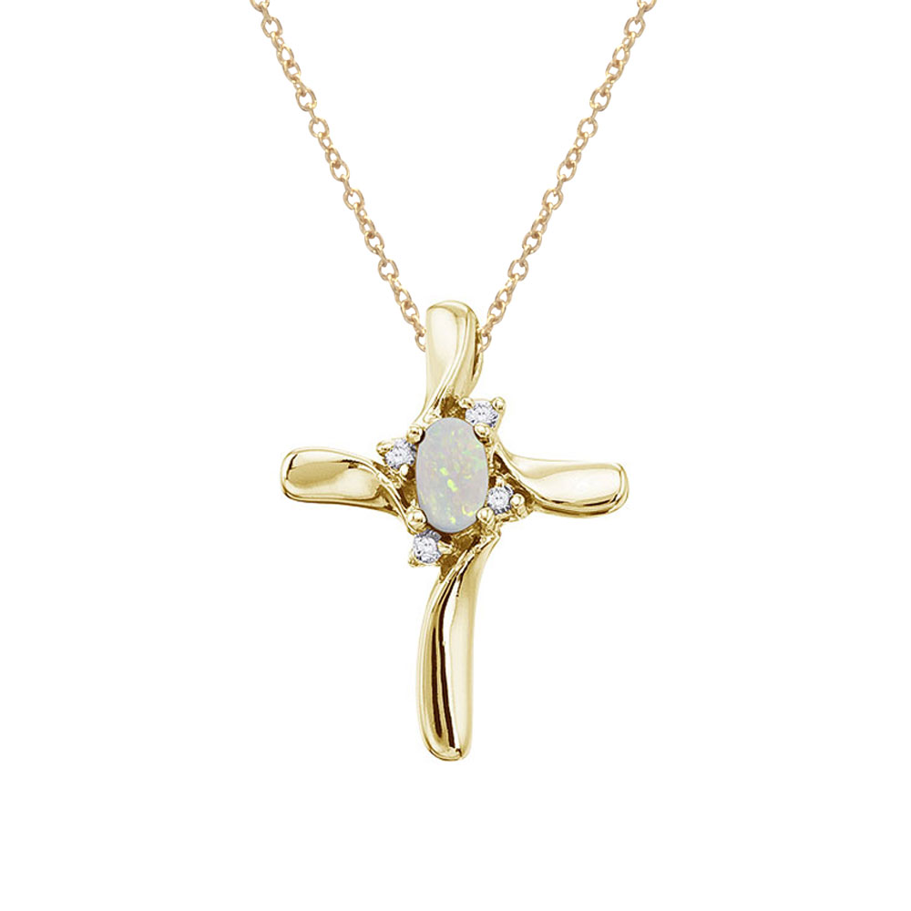 JCX2967: This diamond cross adds a dash of color to a traditional and elegent style with a bright 5x3 mm opal. The beautiful pendant is set in 14k yellow gold with .04 total ct diamonds.