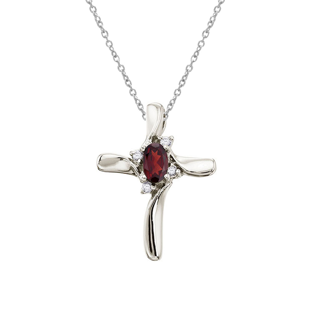 JCX2970: This diamond cross adds a dash of color to a traditional and elegent style with a bright 5x3 mm garnet. The beautiful pendant is set in 14k white gold with .04 total ct diamonds.