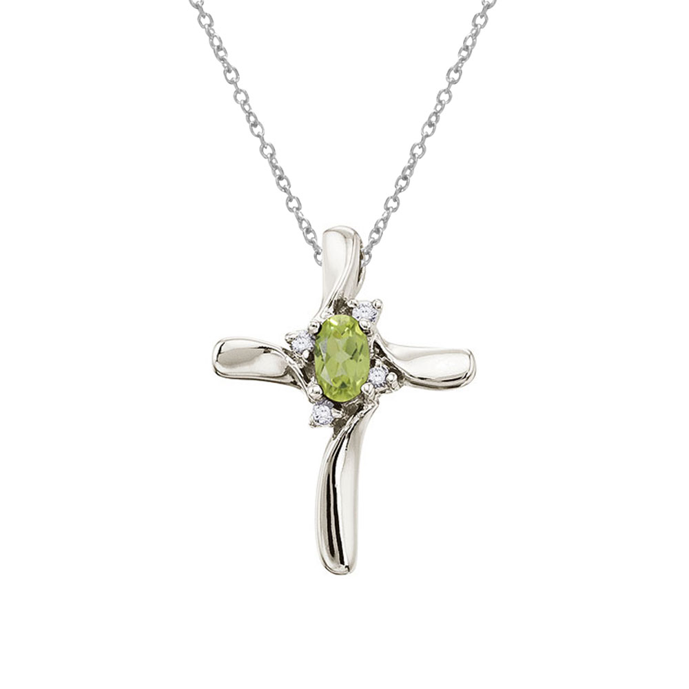 JCX2976: This diamond cross adds a dash of color to a traditional and elegent style with a bright 5x3 mm peridot. The beautiful pendant is set in 14k white gold with .04 total ct diamonds.