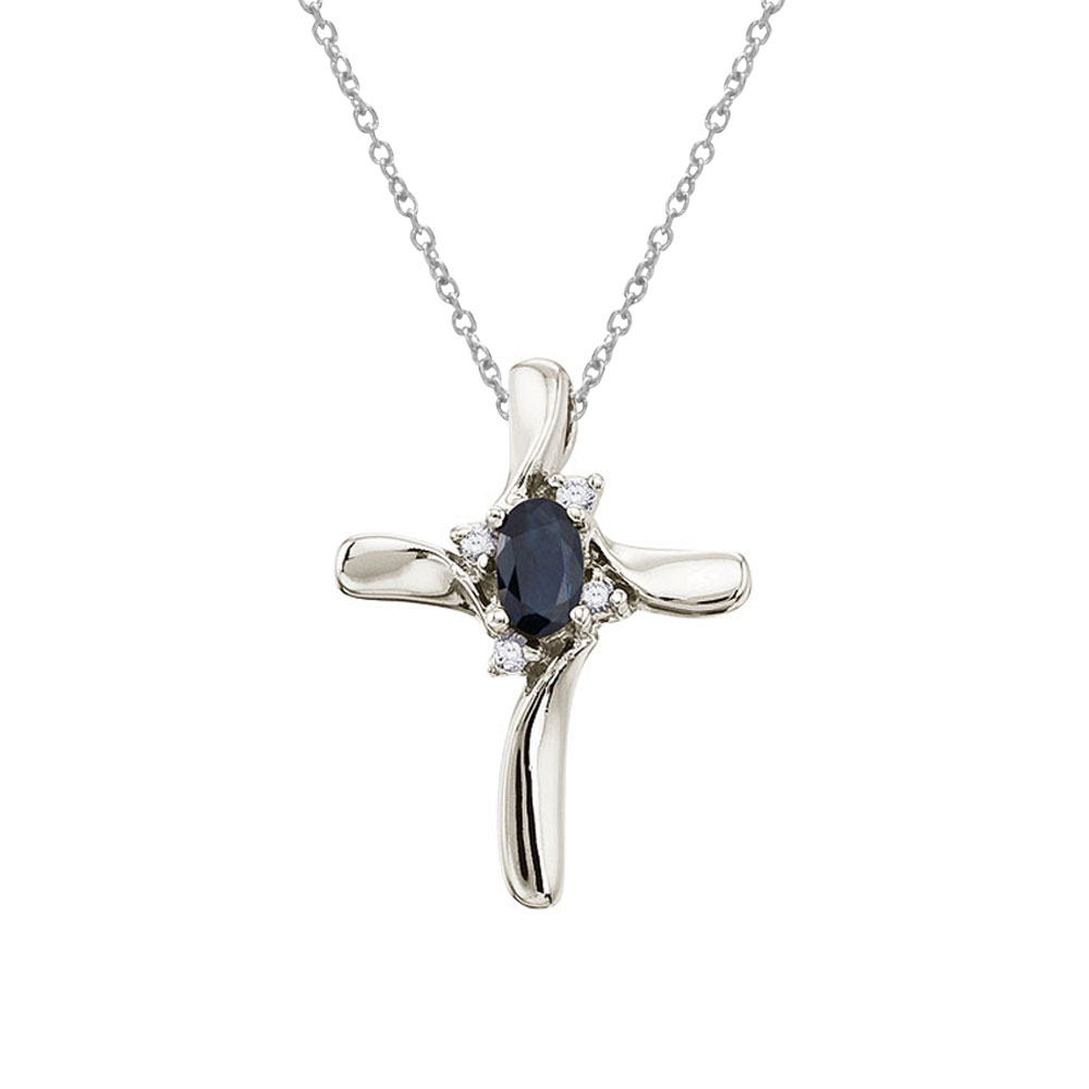JCX2977: This diamond cross adds a dash of color to a traditional and elegent style with a bright 5x3 mm sapphire. The beautiful pendant is set in 14k white gold with .04 total ct diamonds.