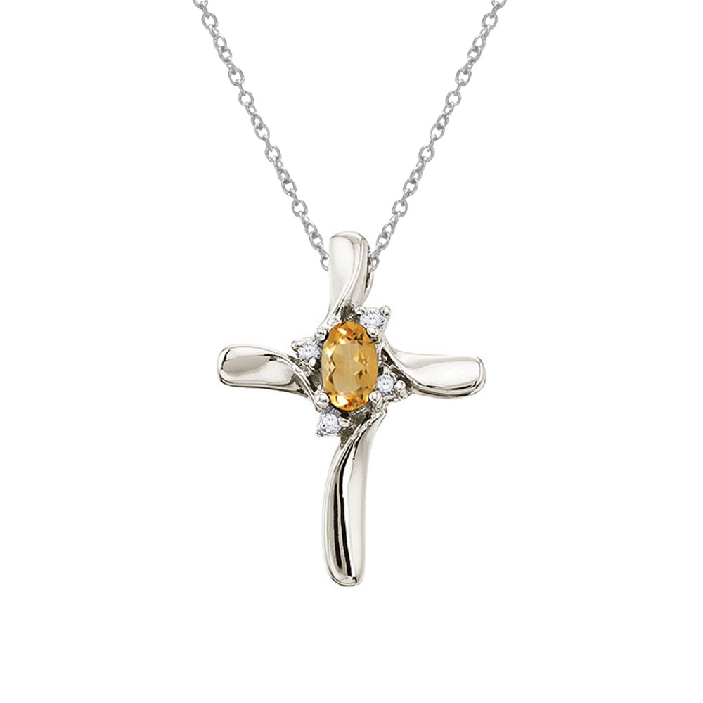 JCX2979: This diamond cross adds a dash of color to a traditional and elegent style with a bright 5x3 mm citrine. The beautiful pendant is set in 14k white gold with .04 total ct diamonds.