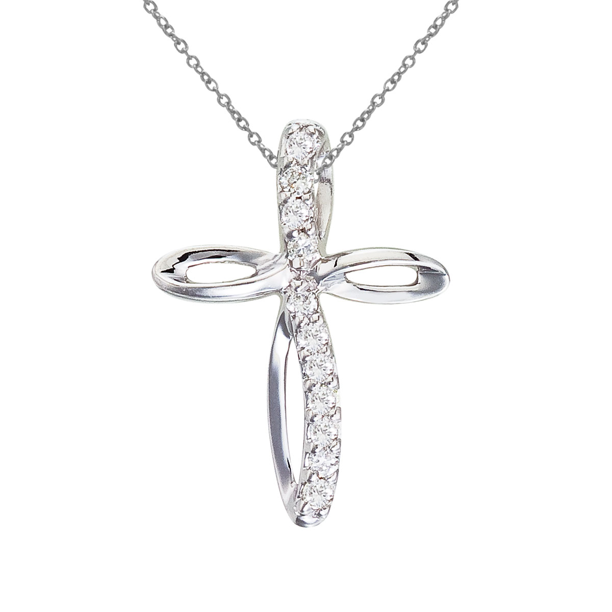 JCX2997: 14k white gold cross pendant with shimmering diamonds.