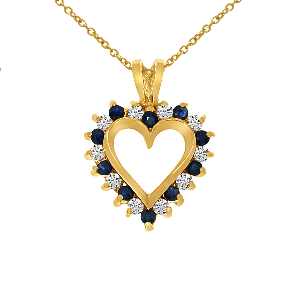 JCX3029: A dazzling 14k yellow gold heart pendant surrounded by .25 carats of shimmering diamonds and .25 carats of beautiful sapphires.