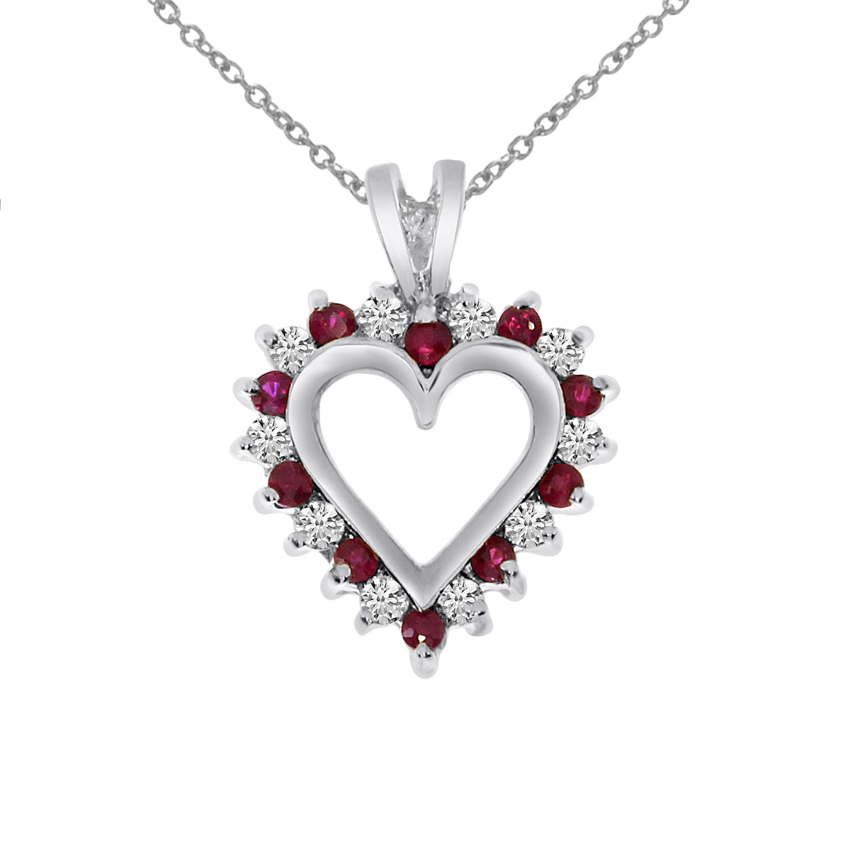 JCX3032: A dazzling 14k white gold heart pendant surrounded by .25 carats of shimmering diamonds and .25 carats of beautiful rubies.