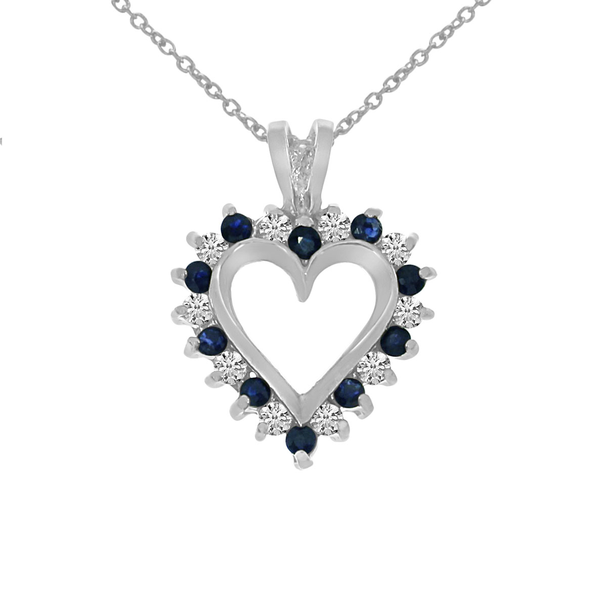 A dazzling 14k white gold heart pendant surrounded by .25 carats of shimmering diamonds and .25 carats of beautiful sapphires.
