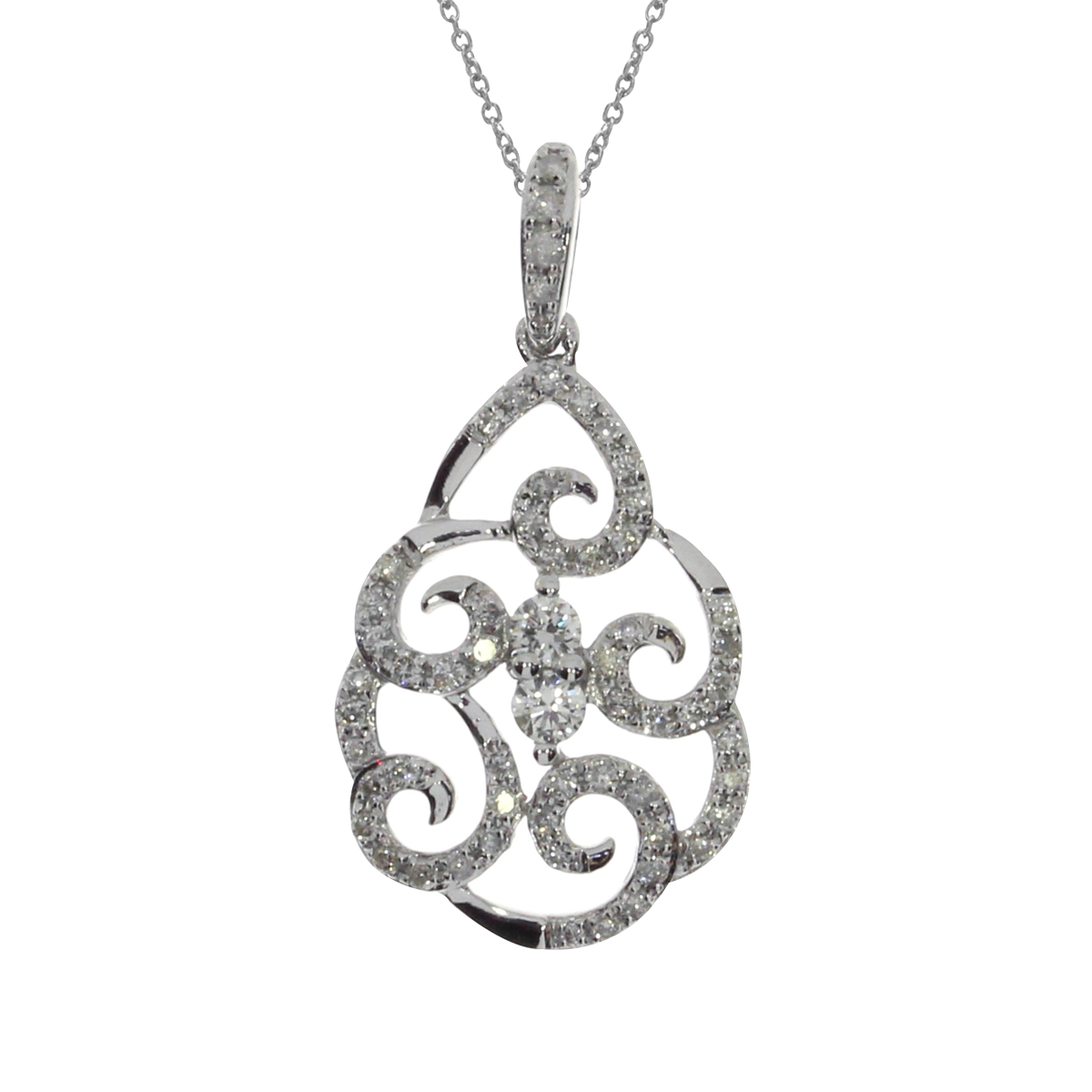 Brilliant .24 total carat diamonds line the 14k white gold swirls in this unique and stunning pendant.
