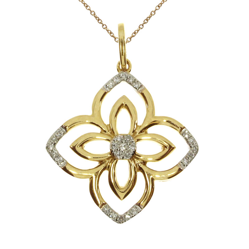 A floral inspired pendant in 14k yellow gold with flashy diamonds.