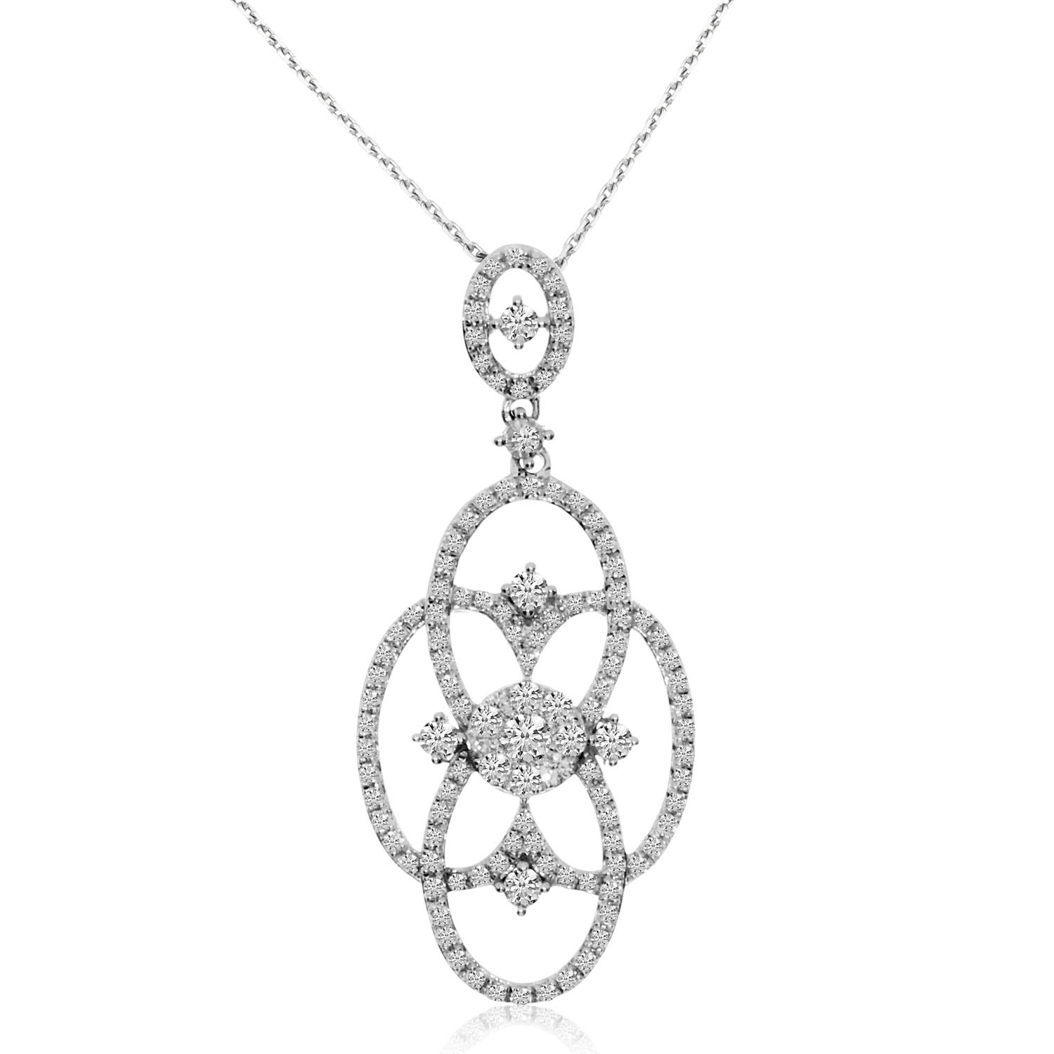JCX3065: .71 carats of shimmering diamonds set in a 14k white gold fancy clustaire shaped pendant.