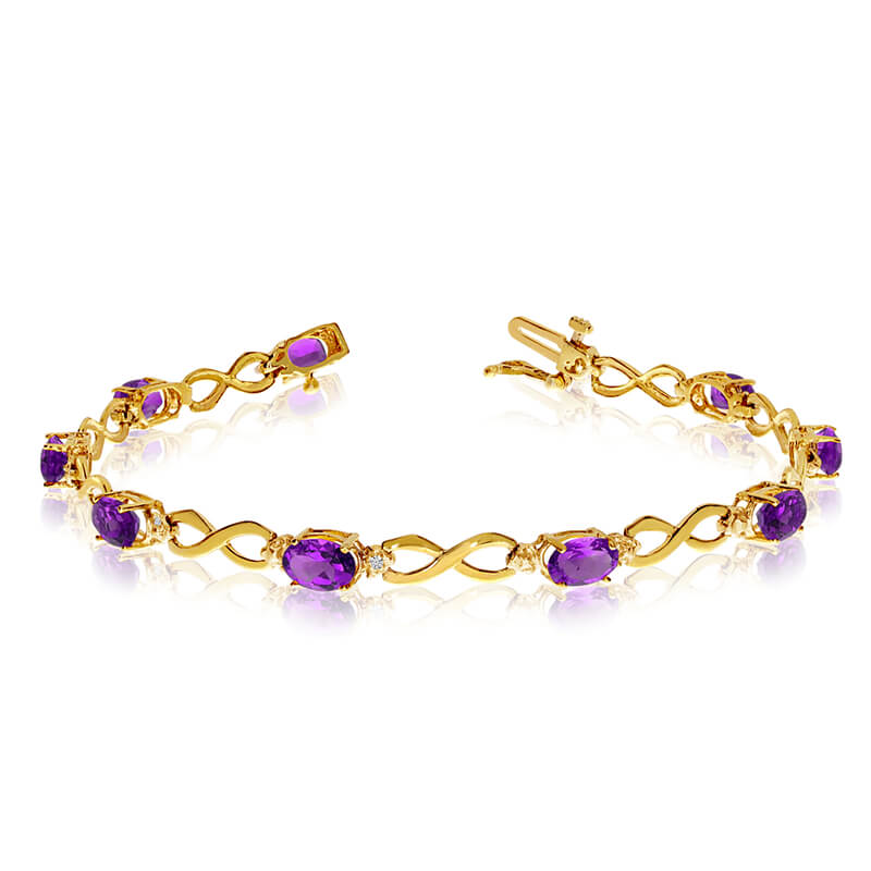 JCX3086: This 10k yellow gold oval amethyst and diamond bracelet features nine 6x4 mm stunning natural amethysts with a 3.06 ct total gem weight.