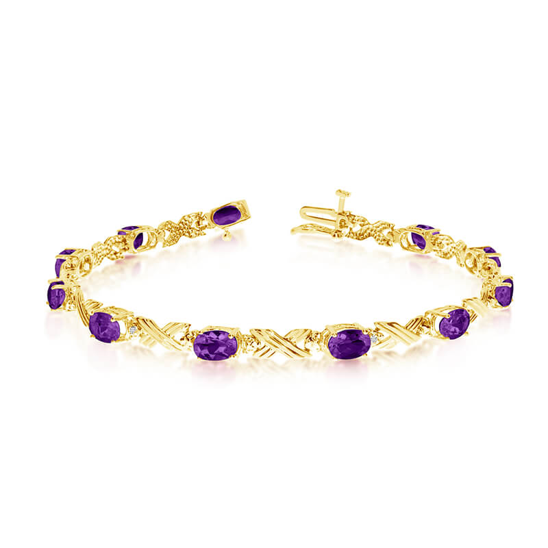 This 10k yellow gold oval amethyst and diamond bracelet features eleven 6x4 mm stunning natural amethyst stones with a 3.74 ct total gem weight.