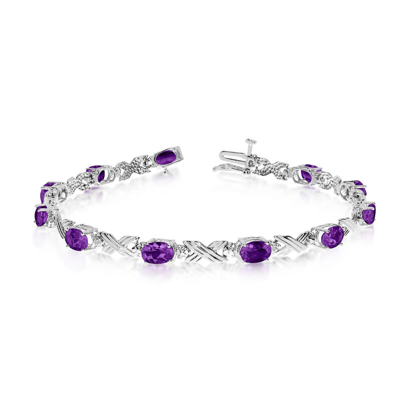 This 10k white gold oval amethyst and diamond bracelet features eleven 6x4 mm stunning natural amethyst stones with a 3.74 ct total gem weight.