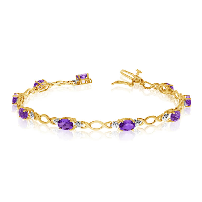 JCX3173: This 10k yellow gold oval amethyst and diamond bracelet features ten 6x4 mm stunning natural amethyst stones with a 3.40 ct total gem weight.