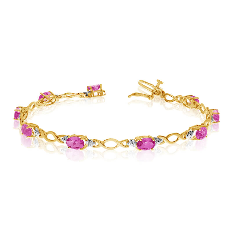 This 10k yellow gold oval pink topaz and diamond bracelet features ten 6x4 mm stunning natural pink topaz stones with a 4.30 ct total gem weight.