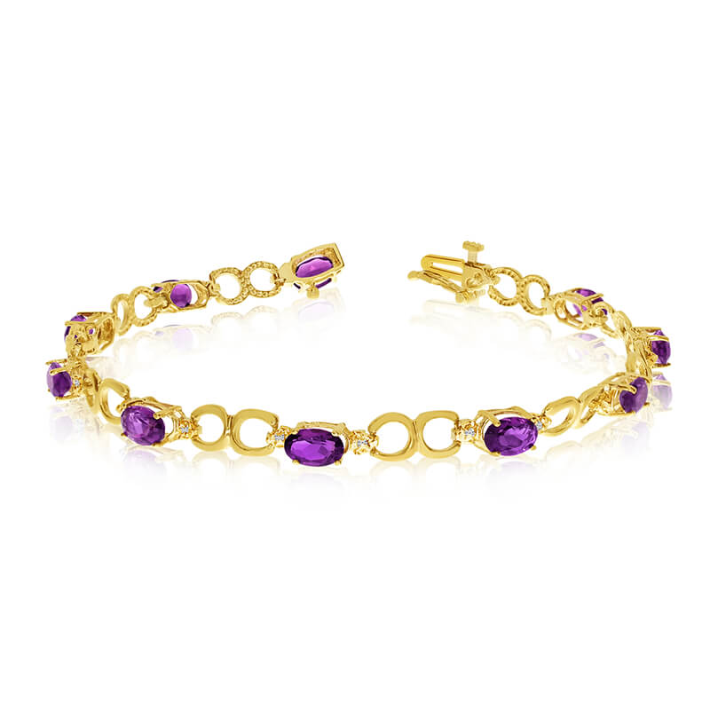 This 10k yellow gold oval amethyst and diamond bracelet features ten 6x4 mm stunning natural amethyst stones with a 3.40 ct total gem weight.