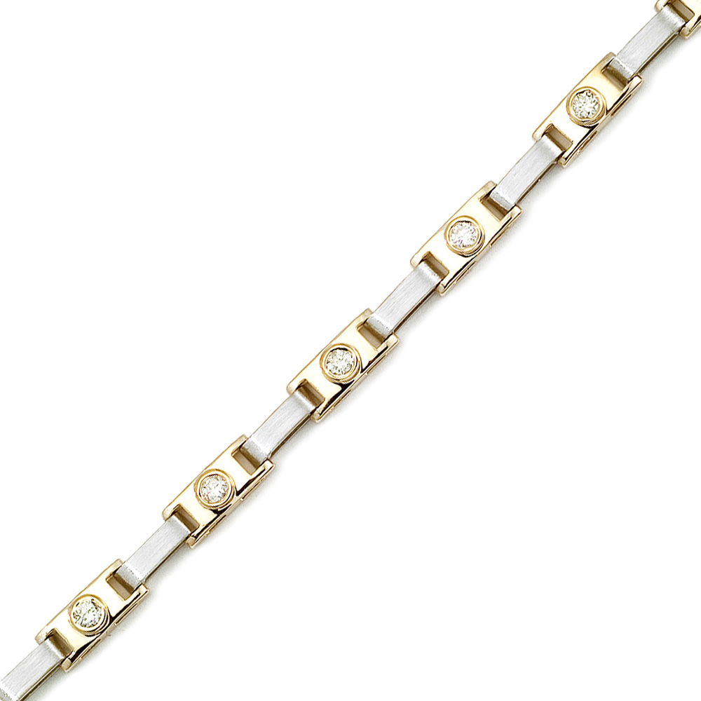 14K solid two-tone gold bezel set diamond link bracelet.  1.00 carat total weight of diamonds.
