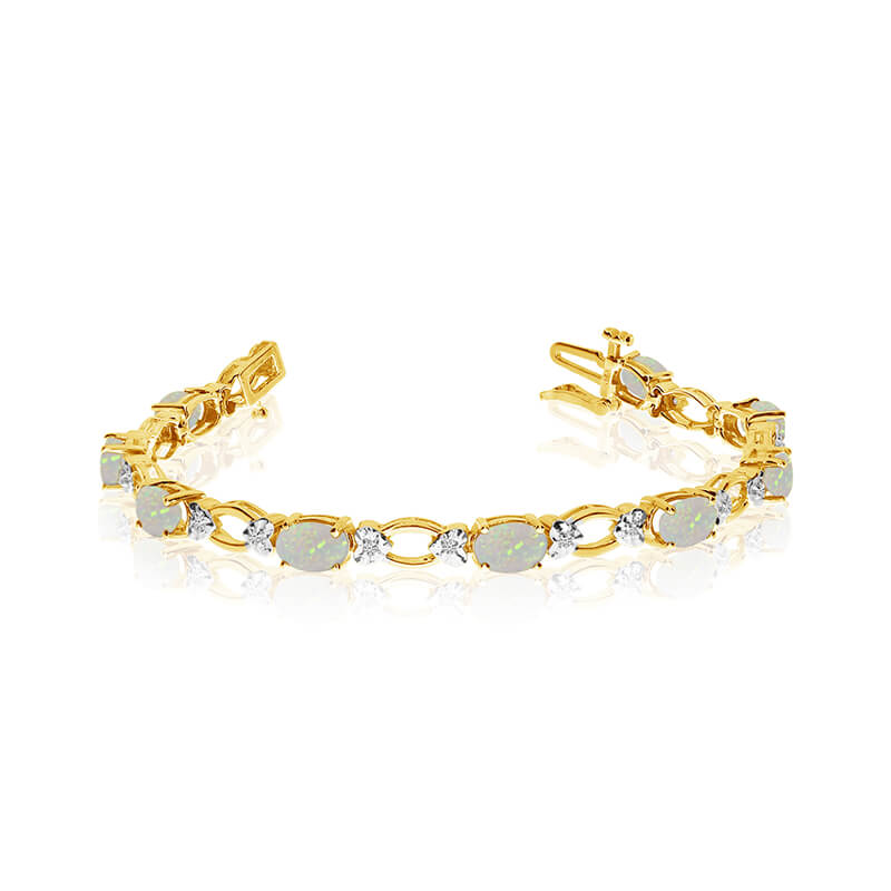 JCX3293: This 14k yellow gold natural opal and diamond tennis bracelet features 12 oval opals with a total gem weight of 2.28 carats and a total diamond weight of 0.12 carats.