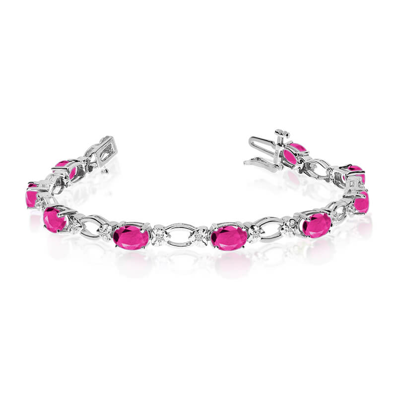 This 14k white gold natural pink-topaz and diamond tennis bracelet features 12 oval pink-topazs with a total gem weight of 5.16 carats and a total diamond weight of 0.12 carats.