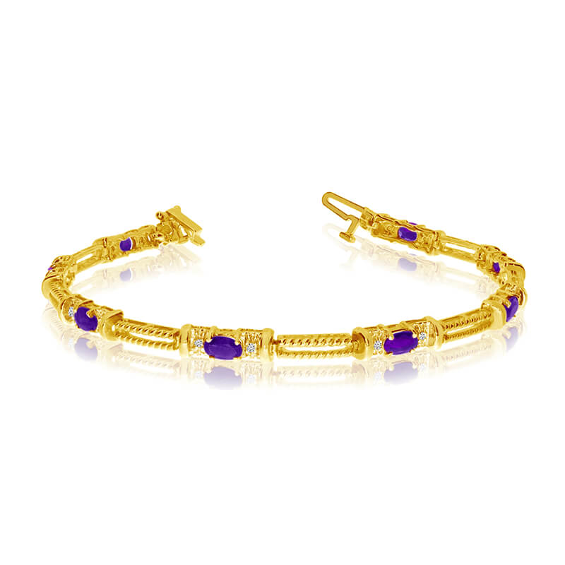JCX3361: This 14k yellow gold natural amethyst and diamond tennis bracelet features 8 oval amethysts with a total gem weight of 1.44 carats and a total diamond weight of 0.16 carats.