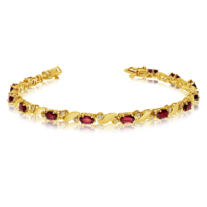This 14k yellow gold natural garnet and diamond tennis bracelet features 13 oval garnets with a total gem weight of 2.99 carats and a total diamond weight of 0.15 carats.