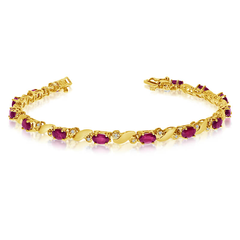This 14k yellow gold natural ruby and diamond tennis bracelet features 13 oval rubys with a total gem weight of 2.34 carats and a total diamond weight of 0.15 carats.