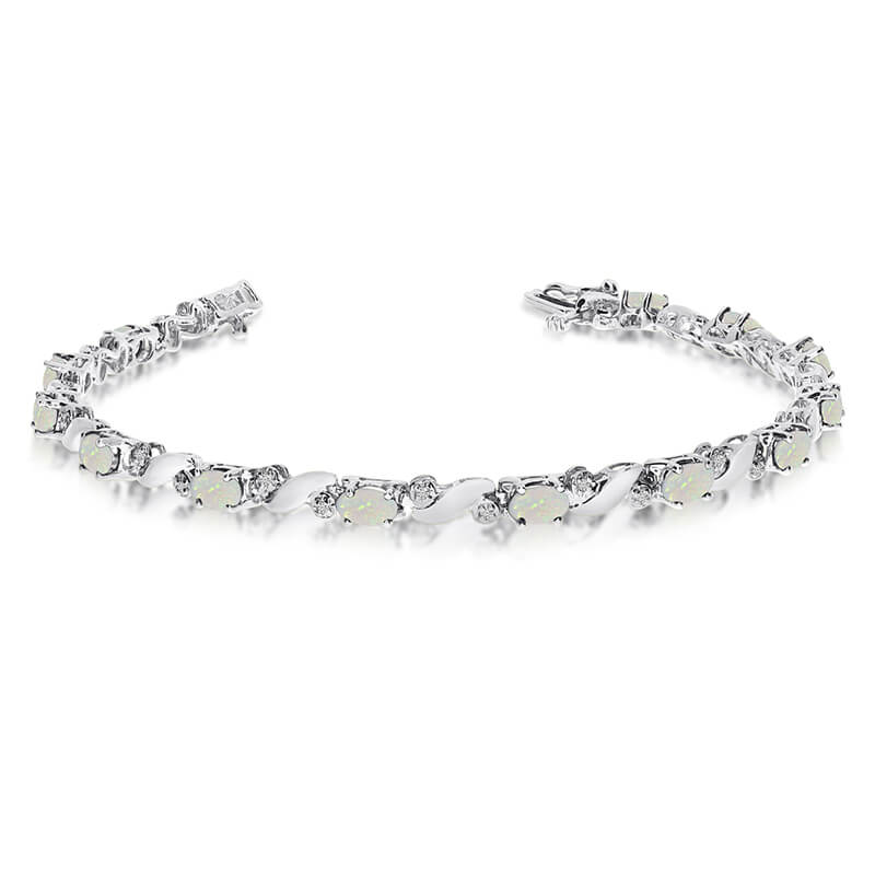 JCX3530: This 14k white gold natural opal and diamond tennis bracelet features 13 oval opals with a total gem weight of 1.04 carats and a total diamond weight of 0.15 carats.