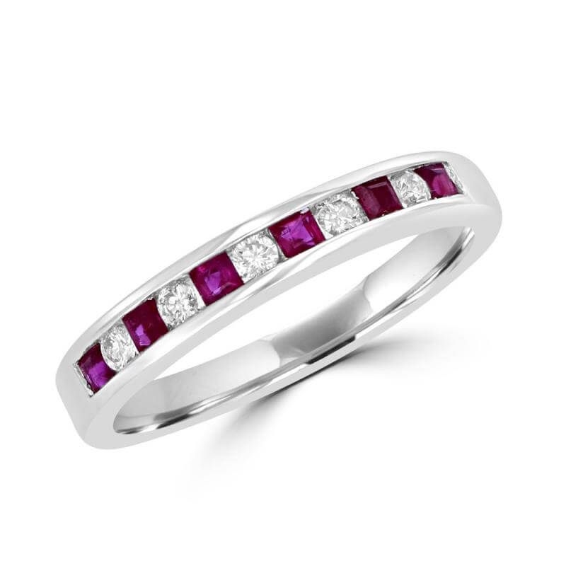 JCX391466: SQUARE RUBY AND ROUND DIAMOND CHANNEL BAND RING