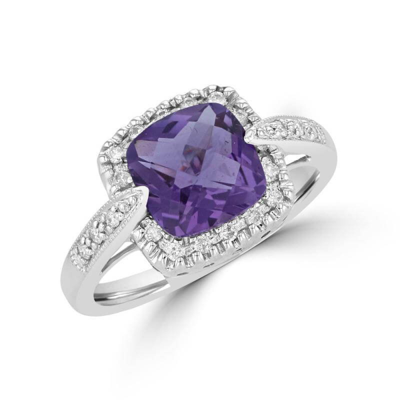 JCX391578: 8MM CUSHION CHECKERED AMETHYST SURROUNDED BY DIAMONDS RING