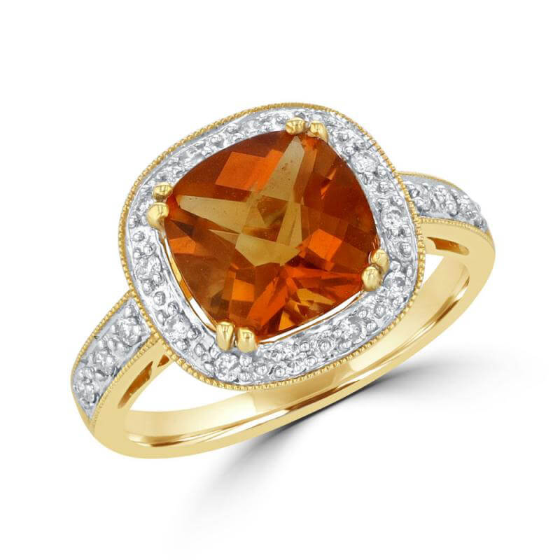 8MM CUSHION CITRINE SURROUNDED BY DIAMONDS RING