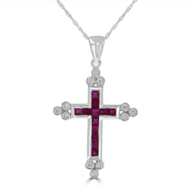 SQUAURE RUBY &amp; ROUND DIAMOND CHANNEL CROSS PENDANT (CHAIN NOT INCLUDED)