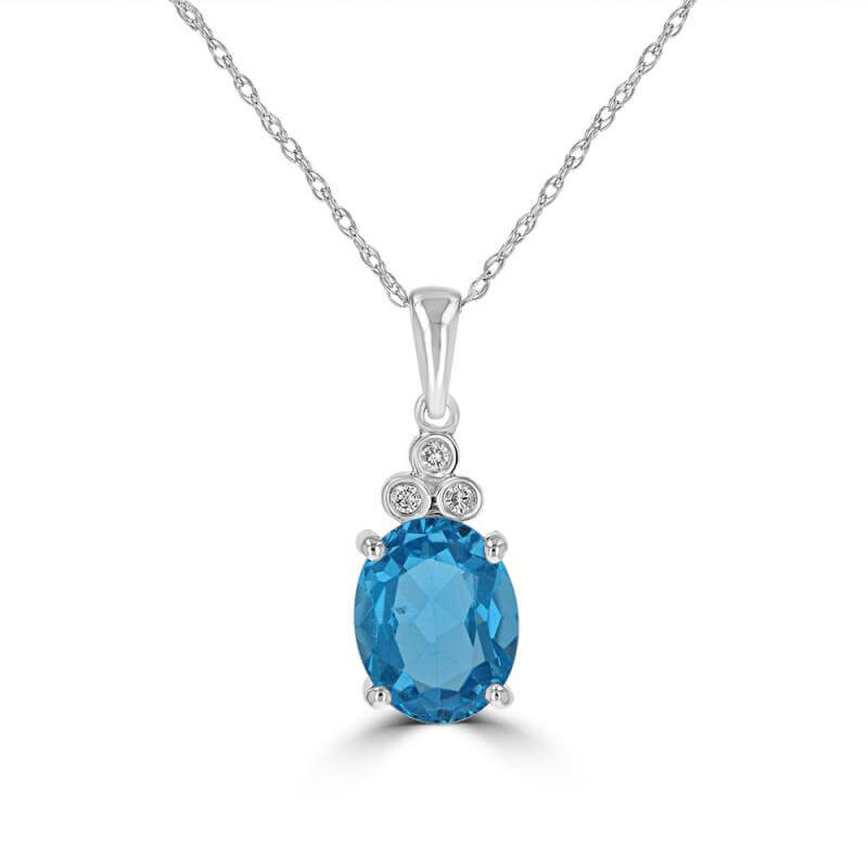 7X9 OVAL BLUE TOPAZ &amp; AND THREE DIAMONDS PENDANT (CHAIN NOT INCLUDED)