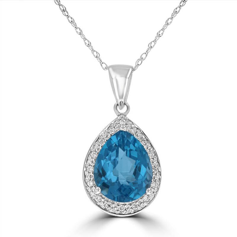 JCX391985: 8X10 PEAR CHECKER BLUE TOPAZ SURROUNDED BY ROUND DIAMOND PENDANT (CHAIN NOT INCLUDED)