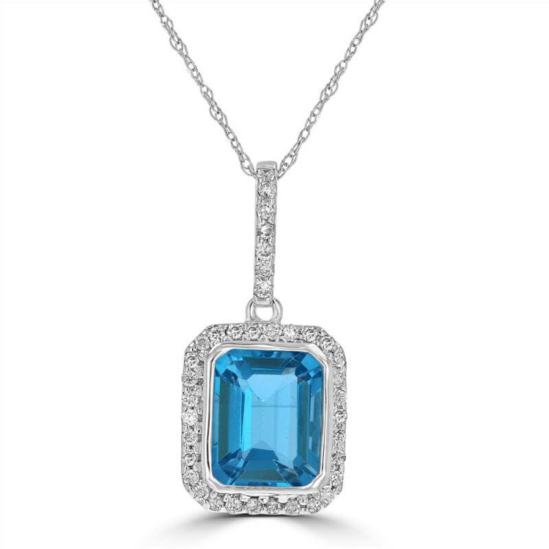 JCX391990: EMERALD CUT BLUE TOPAZ SURROUNDED BY PAVE DIAMOND PENDANT (CHAIN NOT INCLUDED)