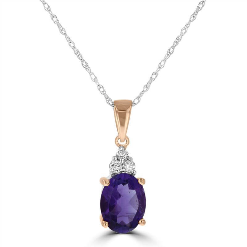 6X8 OVAL AMETHYST &amp; 3 DIAMOND ON TOP PENDANT (CHAIN NOT INCLUDED)