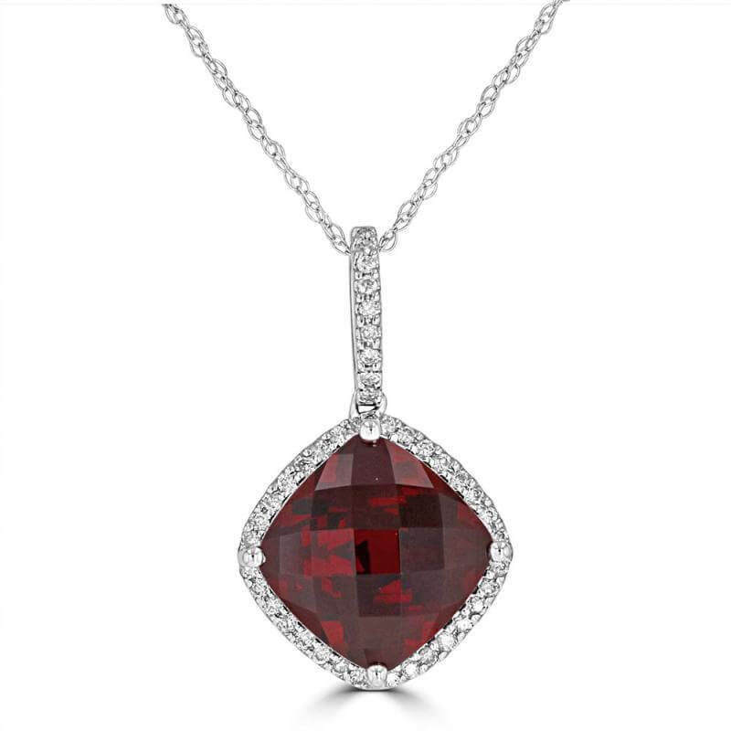 JCX392017: 10MM CUSHION GARNET SURROUNDED BY ROUND DIAMOND PENDANT (CHAIN NOT INCLUDED)