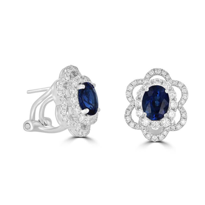 JCX392115: 5.5 X 7 OVAL SAPPHIRE SURROUNDED BY 2 ROW DIAMOND EARRINGS