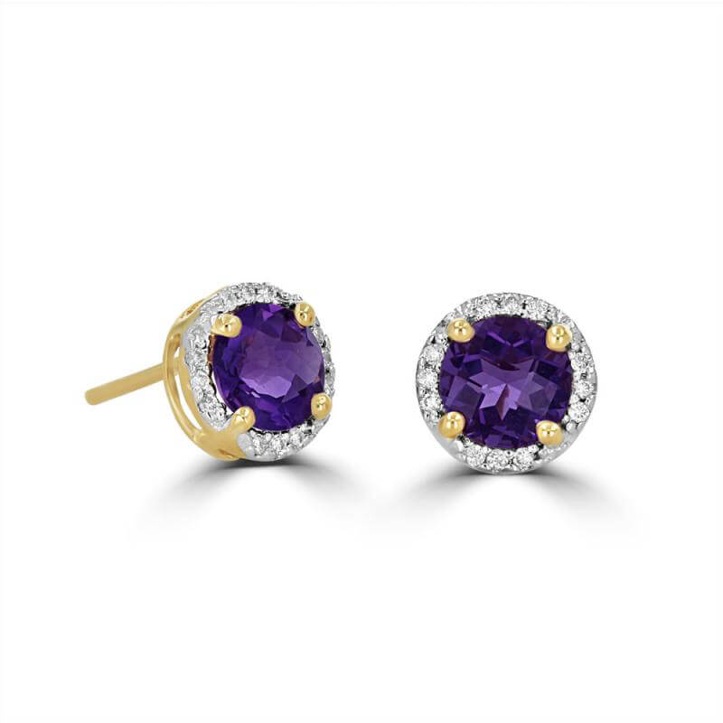 6MM ROUND CHECKERED AMETHYST HALO EARRINGS