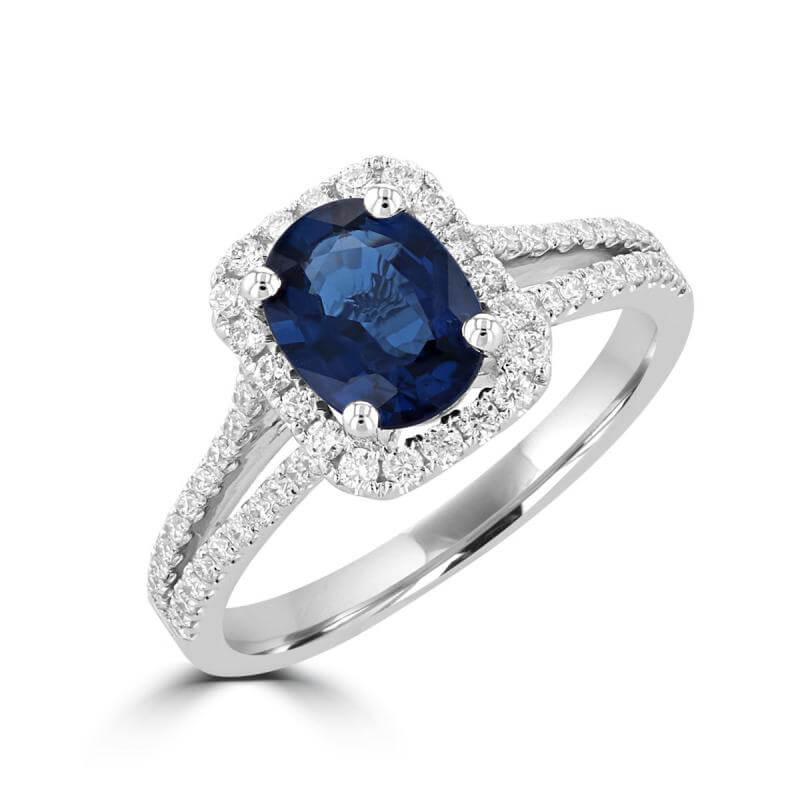 6X8 OVAL SAPPHIRE HALO AND TWO ROWS ROUND DIAMONDS ON SHANK RING