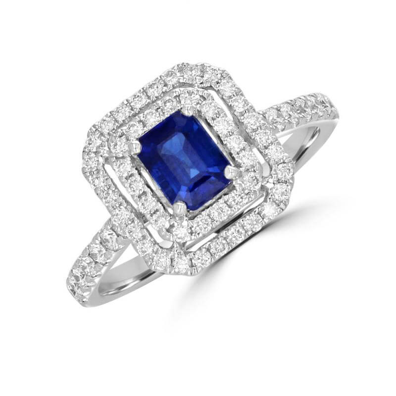 JCX392277: BAGUETTE SAPPHIRE SURROUNDED BY TWO ROW ROUND DIAMONDS AND DIAMONDS ON SHANK RING
