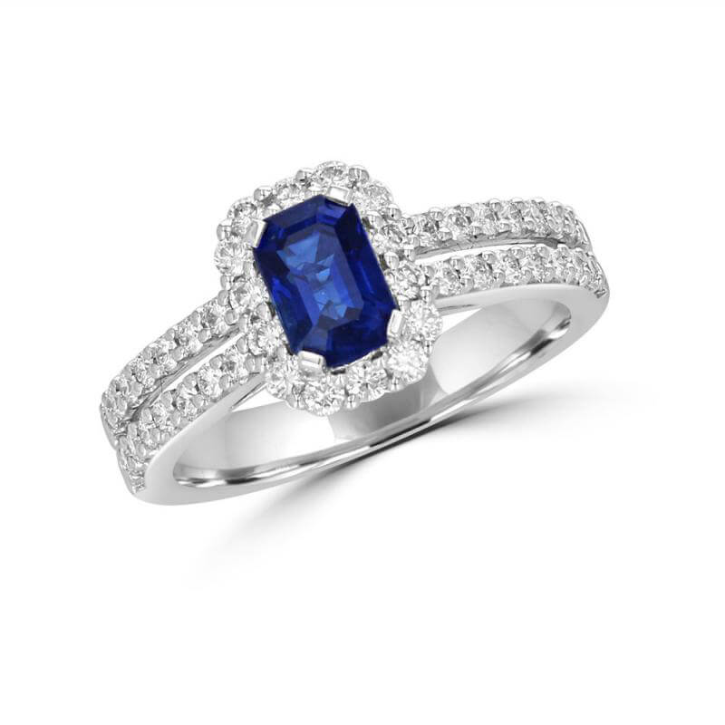 BAGUETTE SAPPHIRE HALO WITH TWO ROW ROUND DIAMONDS ON SHANK RING