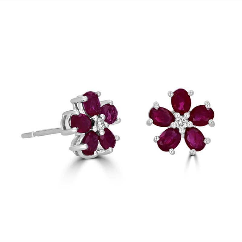 OVAL RUBY AND ROUND DIAMOND FLOWER EARRINGS