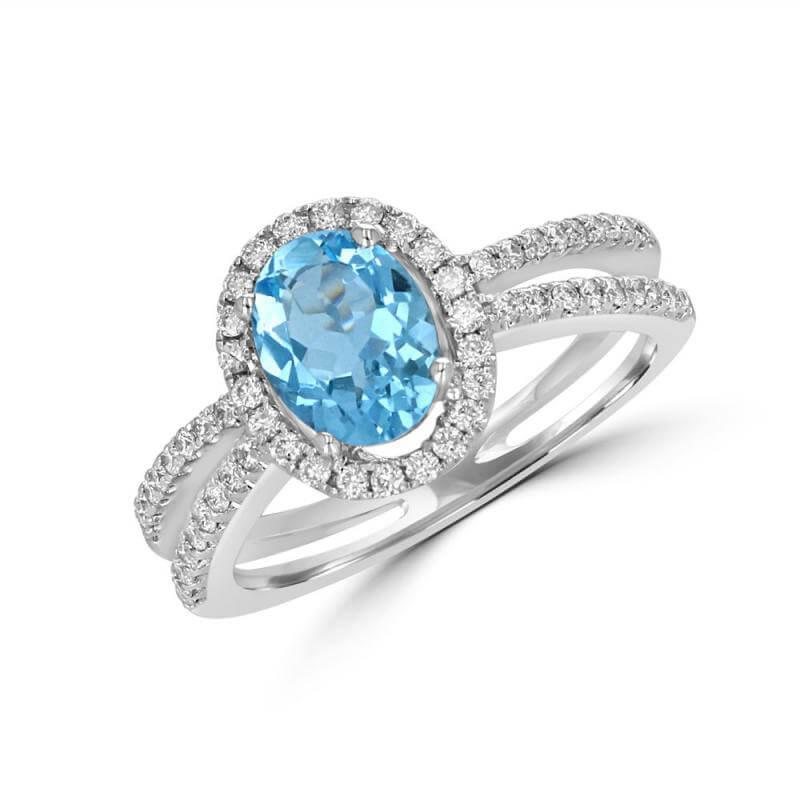 JCX392294: 6X8 OVAL AQUAMARINE HALO WITH TWO ROWS ROUND DIAMONDS ON SHANK RING