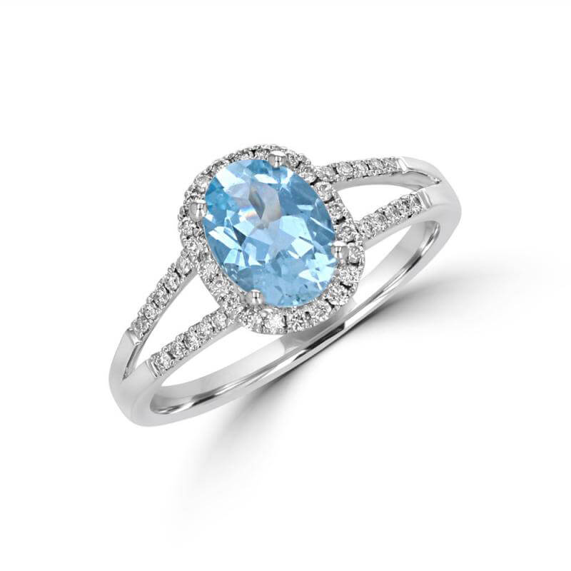 JCX392295: 6X8 OVAL AQUAMARINE HALO WITH TWO ROWS ROUND DIAMONDS ON SHANK RING
